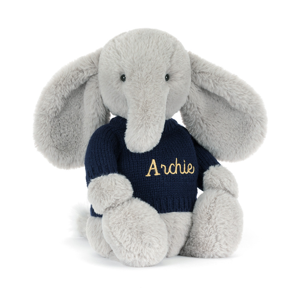 Bashful Luxe Elephant Thuddeus with Personalized Navy Jumper